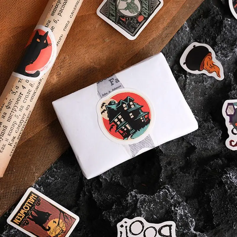 สติกเกอร์กระบอกน้ำฮาโลวีนฉลากปิดผนึกลายการ์ตูนอุปกรณ์เสริมสำหรับแล็ปท็อปอุปกรณ์งานรื่นเริงปาร์ตี้ฟักทองผีค้างคาวหัวกะโหลก