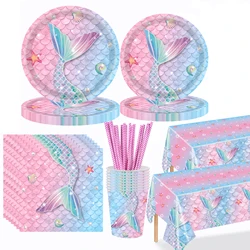 Vajilla de sirena pequeña, platos de papel de cola de sirena, servilletas, mantel, decoraciones de fiesta de cumpleaños para niñas, tema bajo el mar