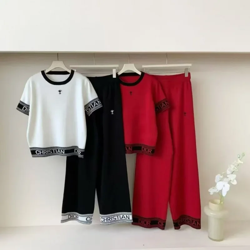 Neue 2025, modische Farbe Block Gestrickte Lose Lässige Sportswear-Set frauen Gerade Bein Hosen T-Shirt Polyester Faser