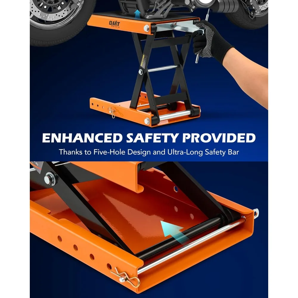 مقبس رفع مقص للدراجة النارية بسعة 1100 رطل، ومقبس واسع ومقبس على شكل حرف T، بما في ذلك دعم الحامل المركزي