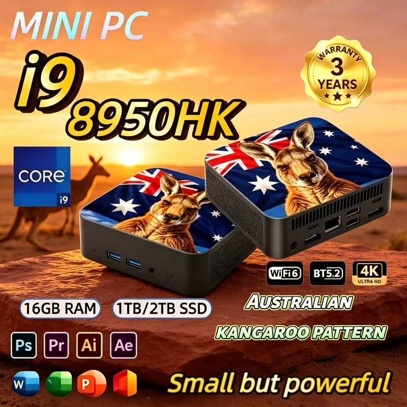 New 2026 Australia Kangaroo Flag High-Performance Mini PC, Core i9-8950HK, 16GB RAM, 2TB SSD, 4K UHD Outputs, Portable Gaming
