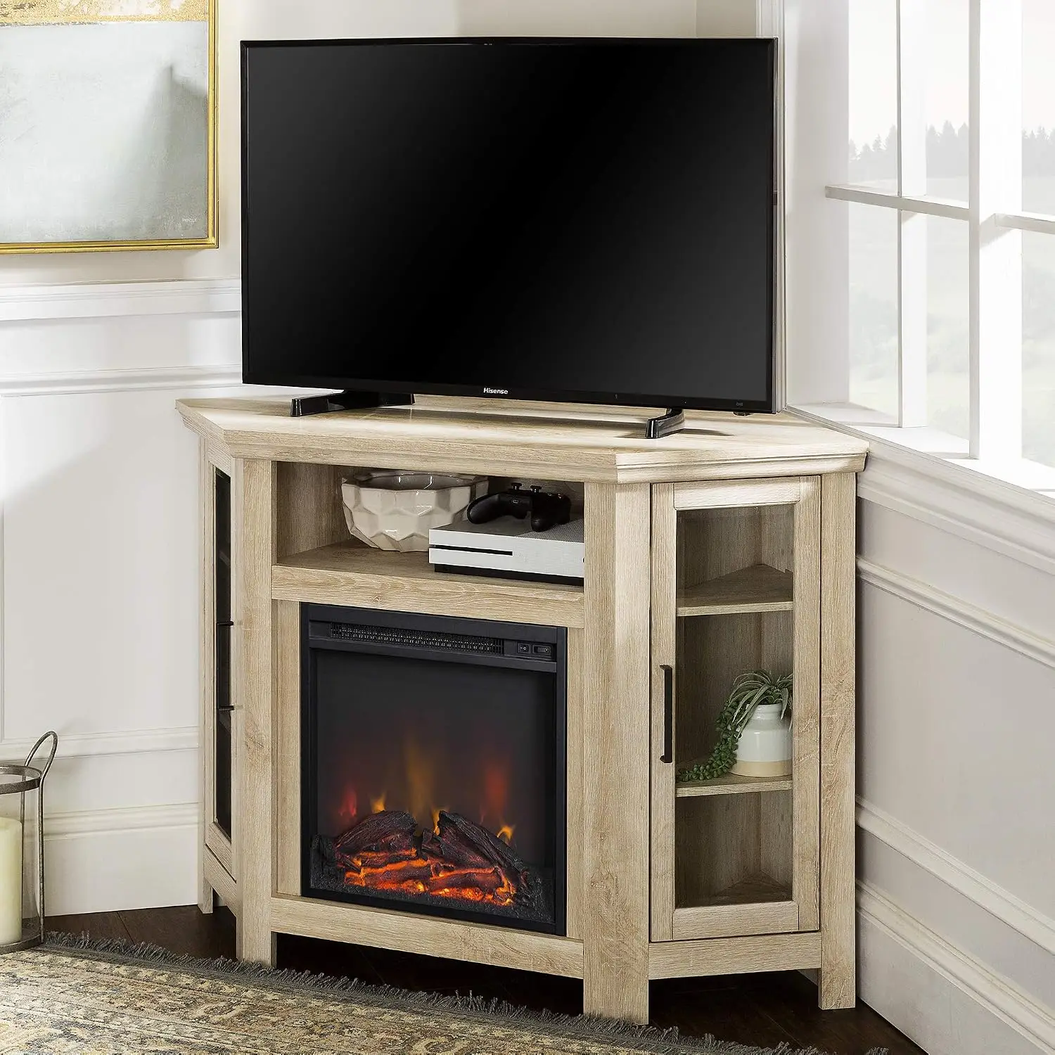 Glass Door Fireplace Corner TV Stand For TVs Up To 55 Inches 48 Inch White Oak, Customized