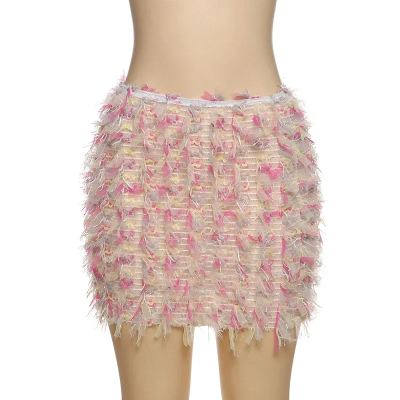 

2025 Summer Color Patchwork Mesh Tassel Bodycon Mini Dress Women Fashion Sexy High Waist Hipster Streetwear Short Skirt Clubwear