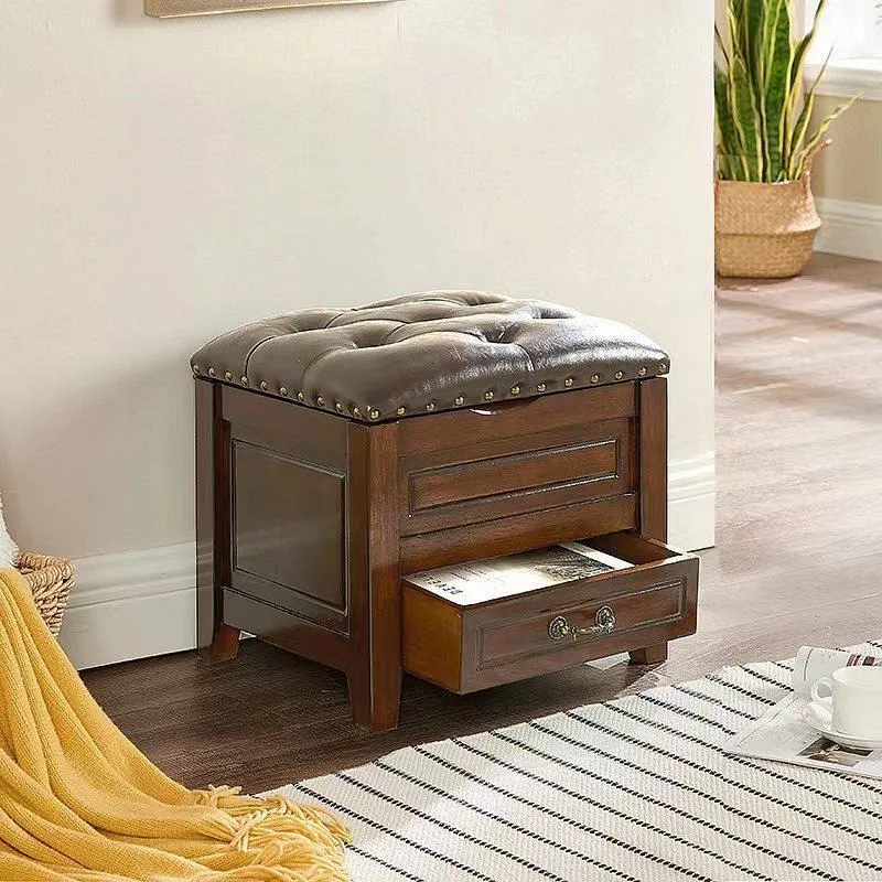 

American-style home entrance shoe change stool all solid wood living room storage storage box can sit leather low stool shoe sto