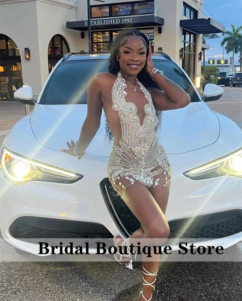 Seksowne świecące czarne diamenty krótka sukienka na studniówkę brokatowe kryształy Rhinestone koralik urodziny suknia koktajlowa Vestidos dostosowane