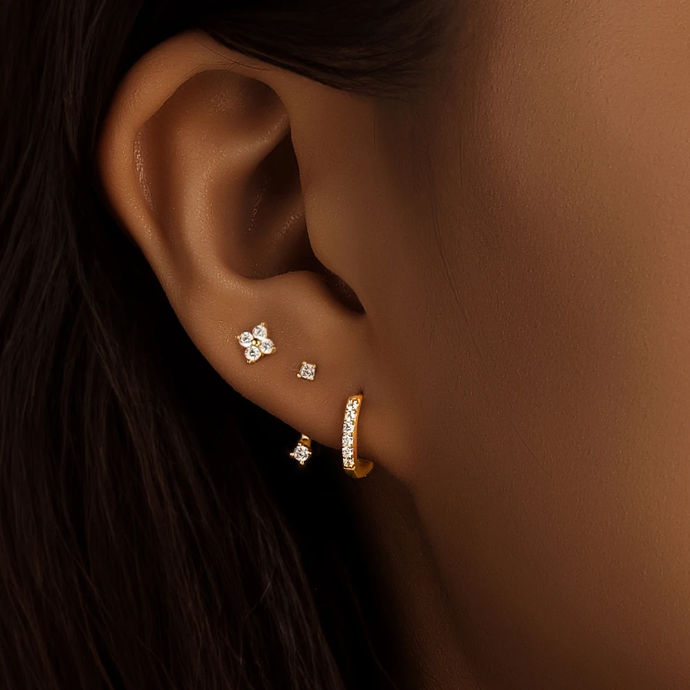 CANNER 3pcs/ Set S925 Sterling Silver Leaf Clear Zircon Piercing Stud Earrings for Women Jewelry Gifts Hoops Brincos Pendientes