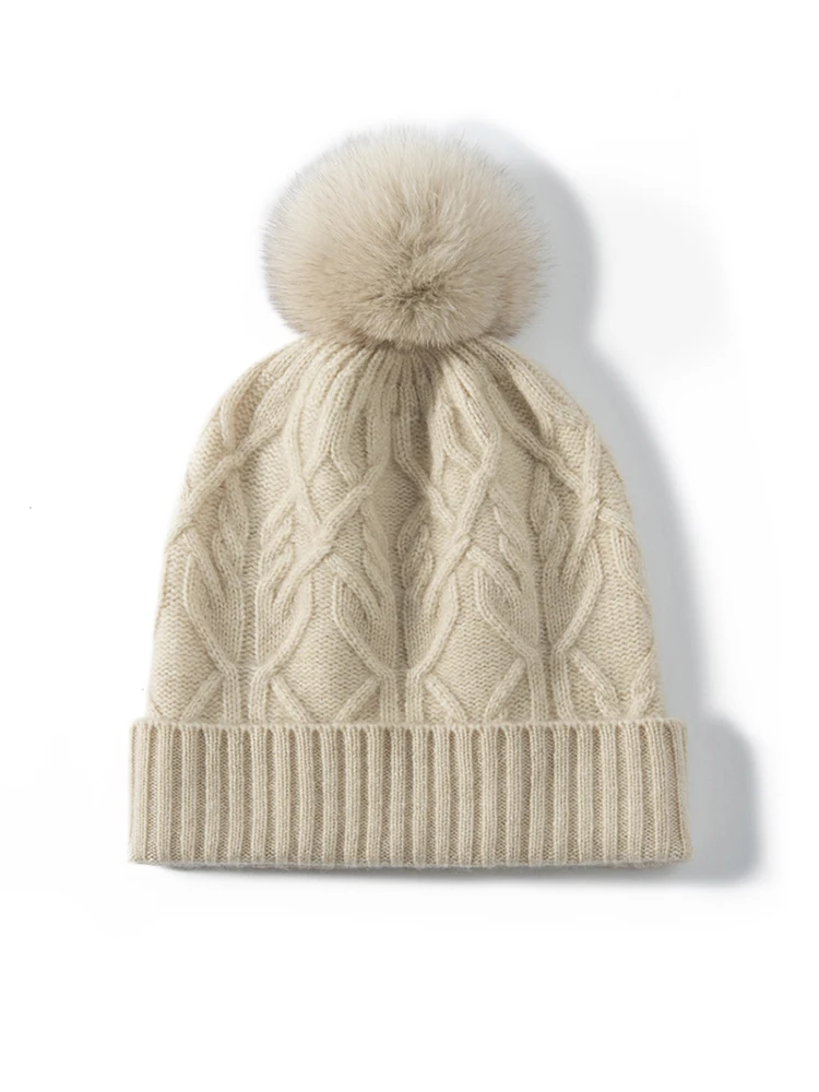 Women Cashmere Hat 100% Cashmere Autumn Winter Cable Knitting Hats Soft Warm Pullover Caps Casual Simple Style Cashmere Hats Top