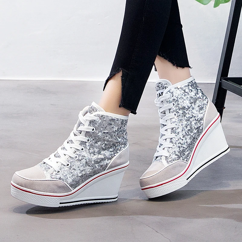 Women Shoes Pink Black Silver Glitter Vulcanize  Woman Platform Wedge Sneakers Casual Zapatos De Mujer