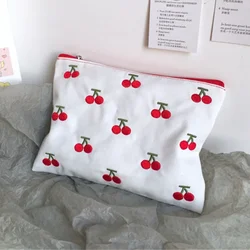 Cherry Embroidery Cosmetic Bags Zipper Lipstick Bag Ins Kawaii Retro Girls Canvas Bag Makeup Case Storage Neceser Organizer