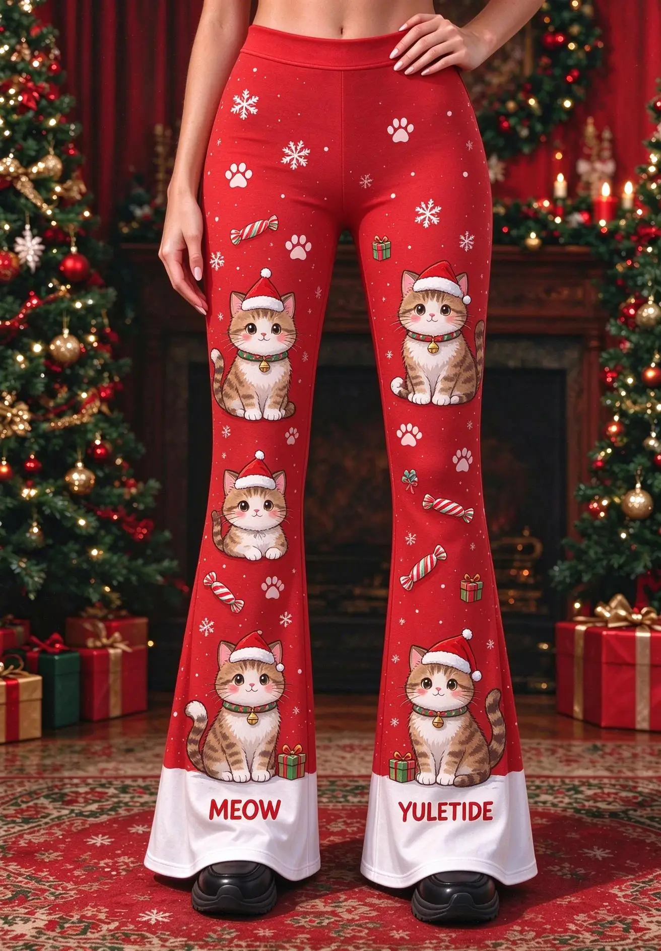 Women Mid Rise Skinny Flare Pants Christmas Snowman Penguin Snowflake Print Red Stretch Bell Bottom Xmas Party Trousers