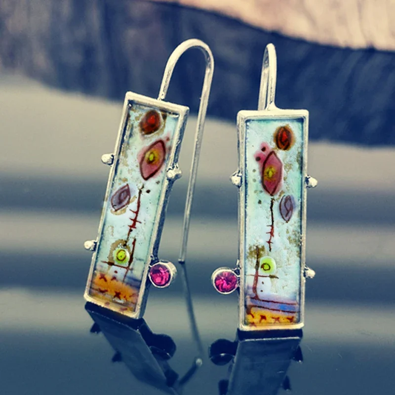 Antique Rectangle Flowers Pink Stone Colorful Dangle Earrings for Women Creative Ethnic Party  Accessories Gift Custom Jewelry