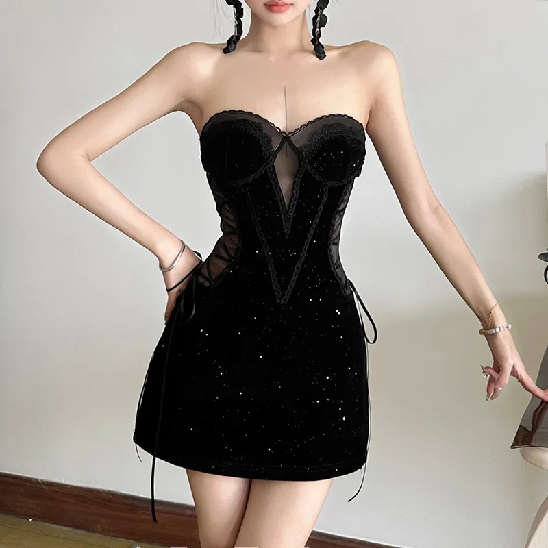 

2025 NEW Mesh Patchwork Mini Dress Women Sexy Off Shoulder Backless Shirring Skinny Peach Hip Midnight Club Party Elegant Outfit