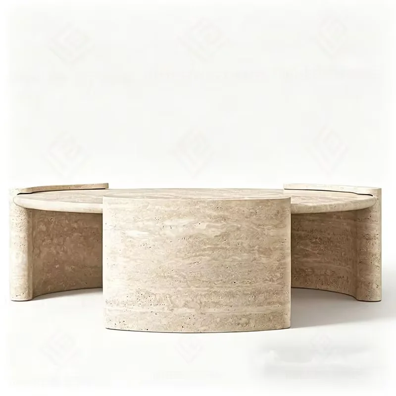Nordic Luxury Wabi-sabl Style Large Modern Round Natural Italian Beige Travertine Coffee Table for Living Room Villa Hotel Decor