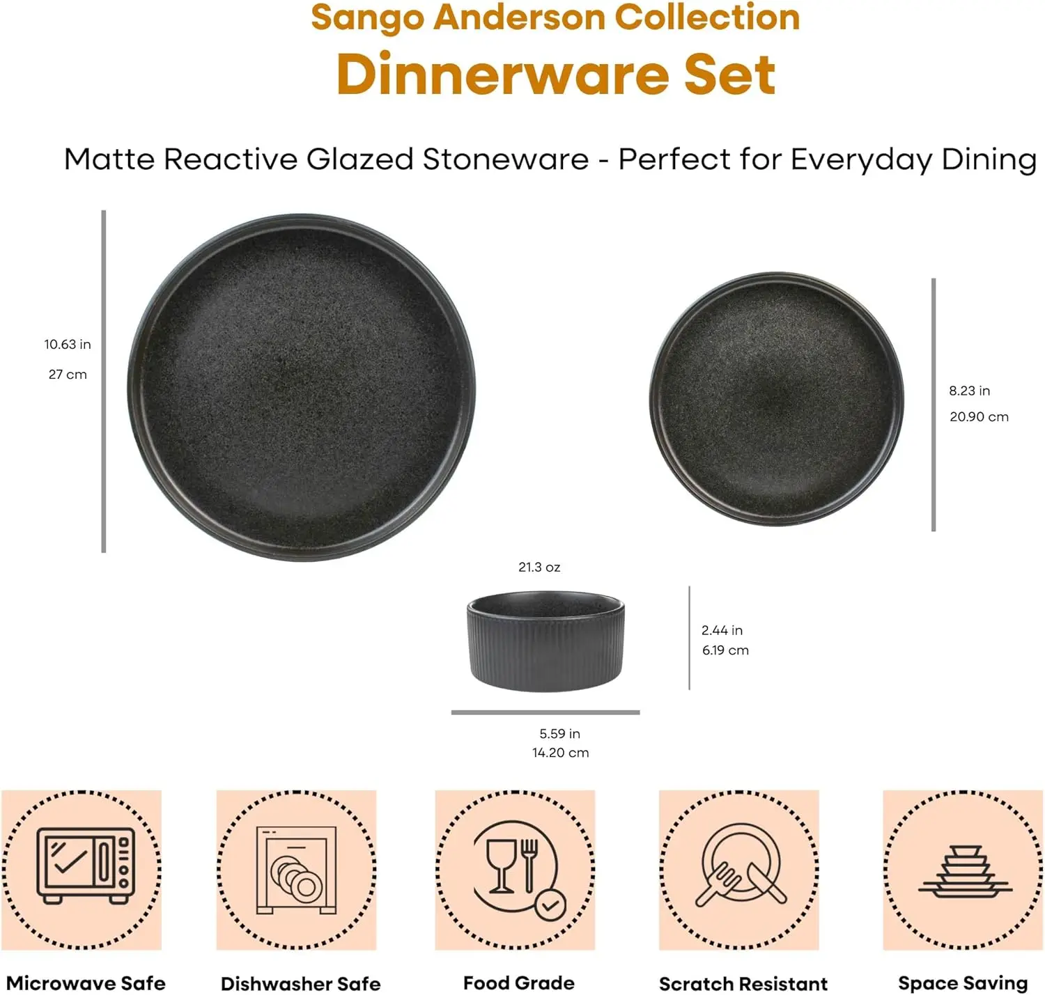 Anderson Black 12-Piece Stoneware Dinnerware Set – Service for 4, Modern Design with Textured Ridges, Exquisite Reactive Glaze,