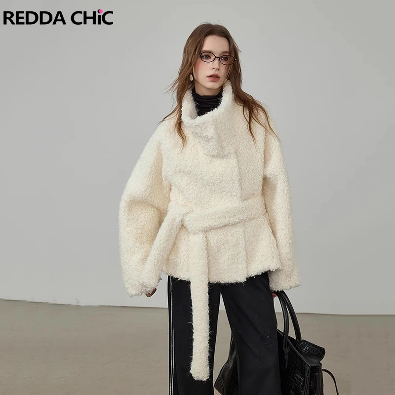 

ReddaChic Warm Winter Women Cropped Sherpa Jacket Snap Button Turtleneck Belted Fleece Lined Fuzzy Faux Fur Coat Snow Outerwear