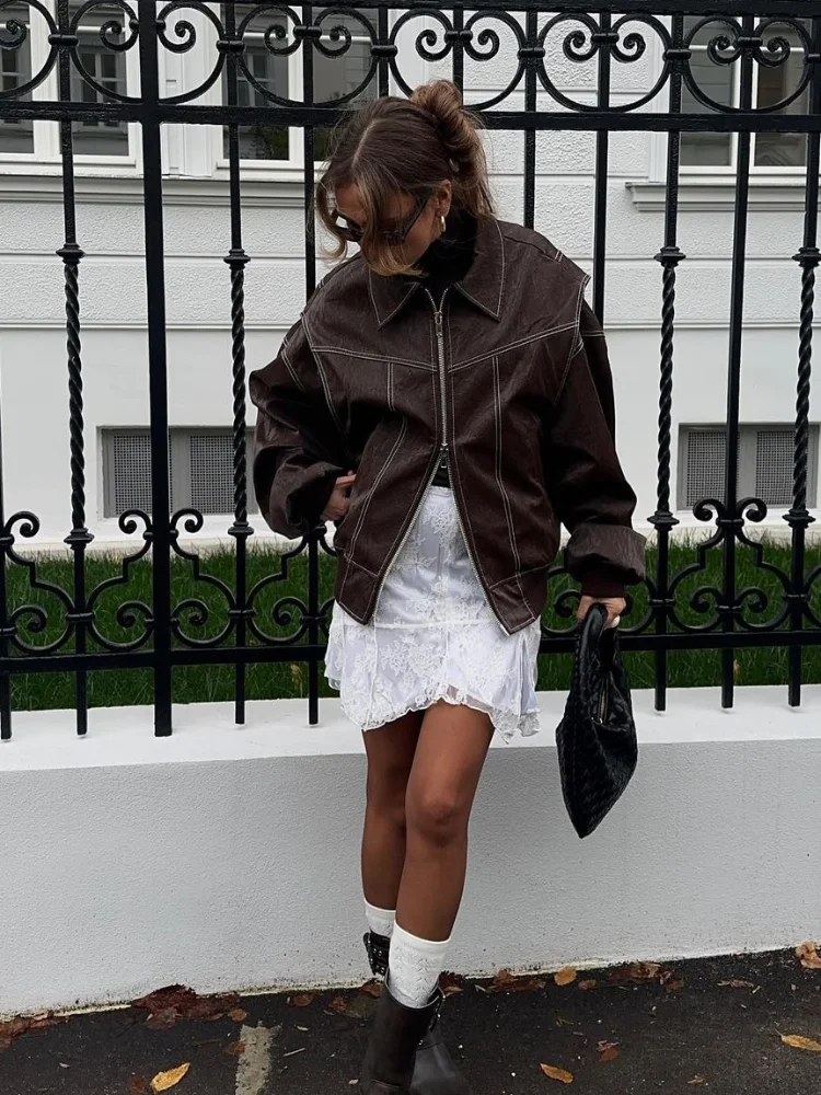 

Casual Solid Turn-down Collar Jacket For Women Lantern Sleeve Zipped Loose Female Jackets 2024 Autumn New Fashion Lady Coats