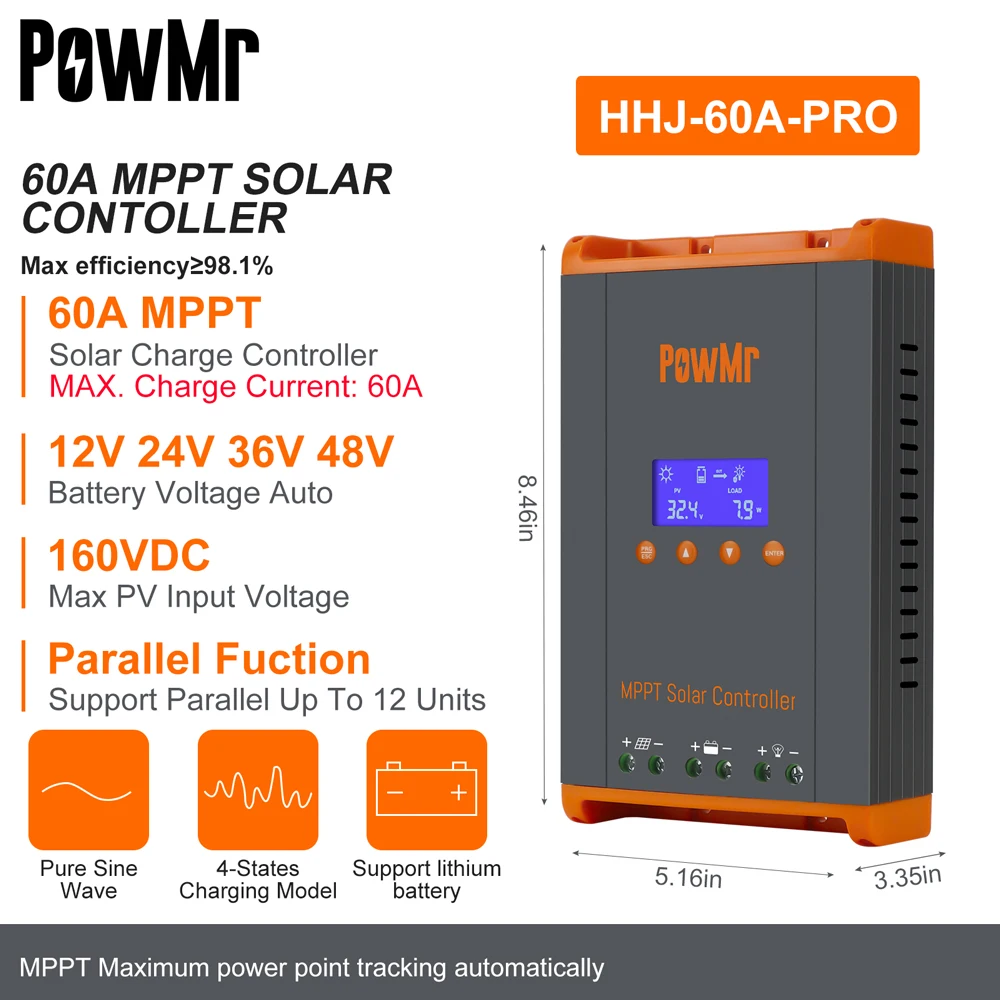PowMr MPPT 60A zonne-laadregelaar 3 fasen opladen voor 12V 24V 36V 48V batterij 160VDC zonnepaneel kan parallel 12 eenheden