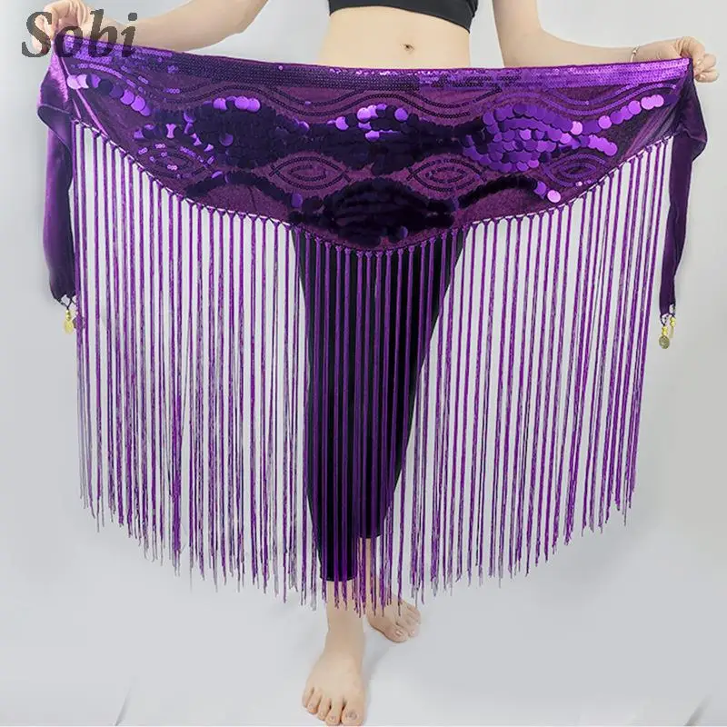 Women Shiny Tassels Belly Dance Hip Scarf Sequin Waist Chain with Gold Coins Belly dancing Glitter Fringe Waist Belt Wrap Skirt