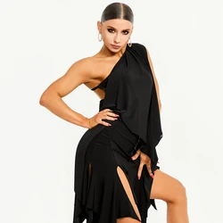 Slant Shoulder Latin Dance Clothes Women Adult Practice Tops Fringe Irregular Skirt Rumba Cha Cha Dance Wear Black Dress NV22254