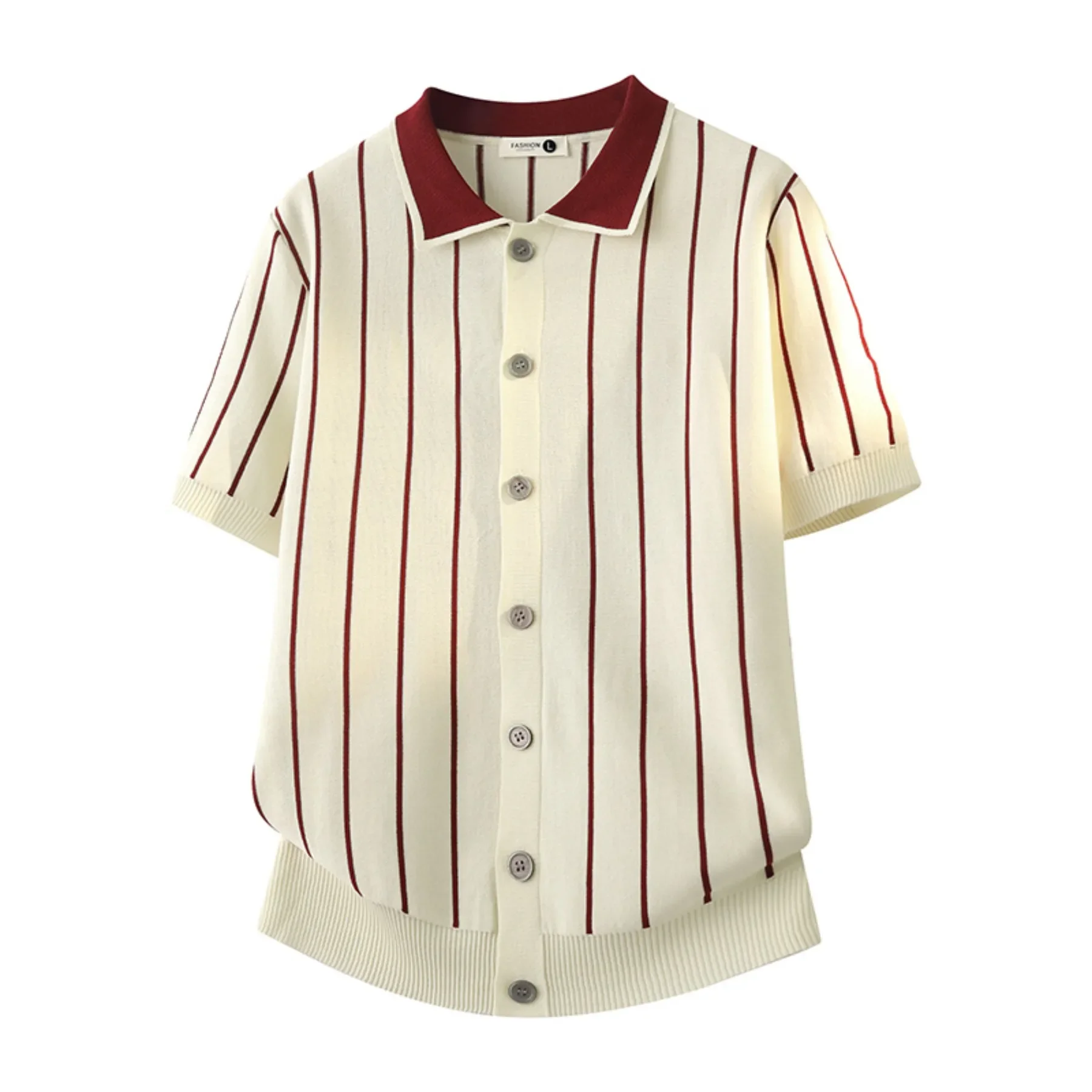 Men's Summer Two-Tone Striped Casual Knit Polo Shirt, Lapel Short Sleeve Cardigan Top, Stylish Business Knit Sweater view 3