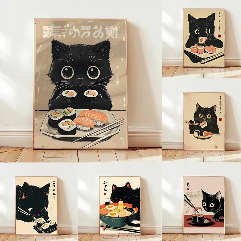 Japanese Ramen Animal Black Cat Sushi Posters Canvas Prints Paintings Home Decor Noodles Food Wall Art Kitchen Room Decoratio