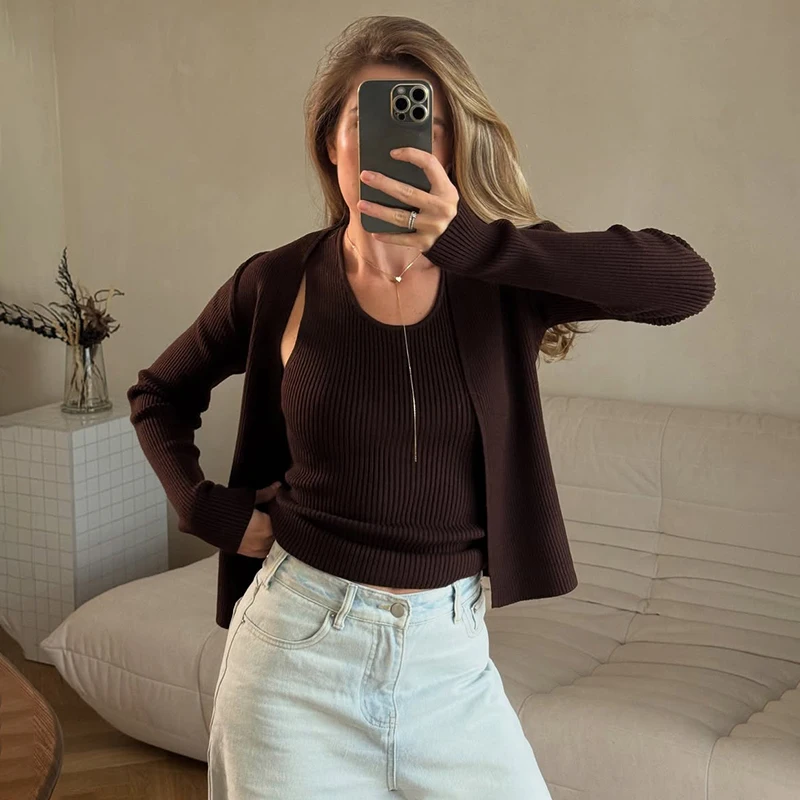 

Tornova Women's Fashion Knitted Cardigan Vest 2 Pieces U Neck Solid Casual Long Sleeve Sweater Coat 2026 Fashion Female Knit Top