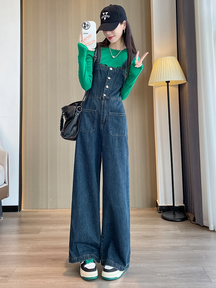 

Джинсовые комбинезоны с высокой талией и широкими штанинами, женские модные весенне-осенние новые утягивающие цельные брюки в стиле ретро