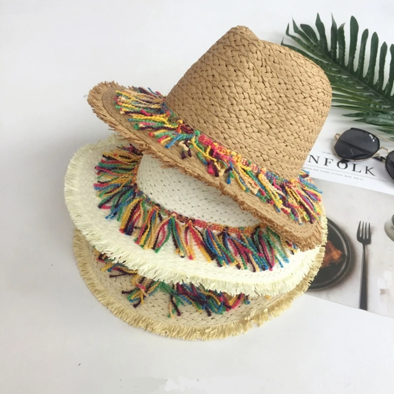 Mexicans Starw Hat de Straw Hat Fashion Beach Hat with Colorful Tassel Sombrero Hat Straw Jazzs Hat Straw Fedoras Hat