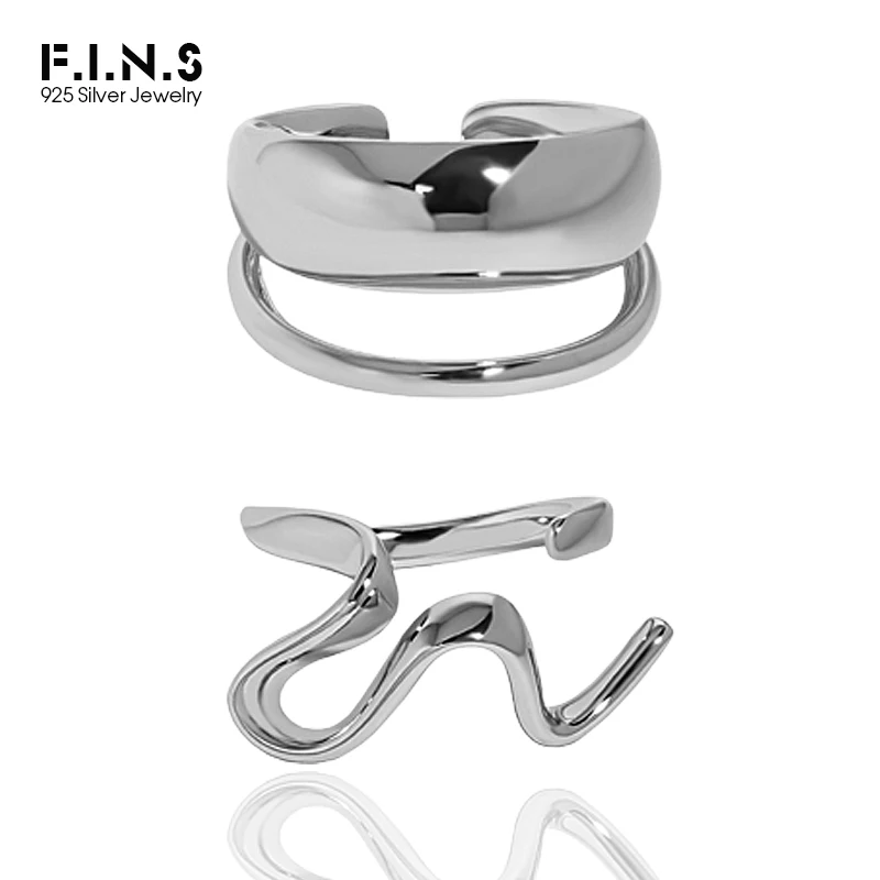 F.I.N.S Minimalist Layered Glossy 100% S925 Sterling Silver Open Adjustable Ring Curved Lines Index Finger Rings for Women Men