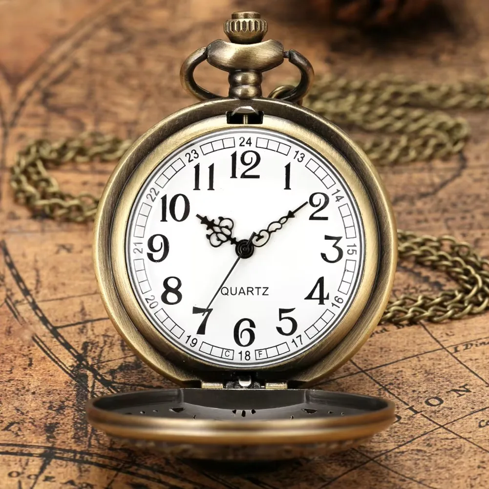 Vintage Arabic numerals face hollowed-out carving jade quartz pocket watch Bronze elegant style ladies gift clothing accessories