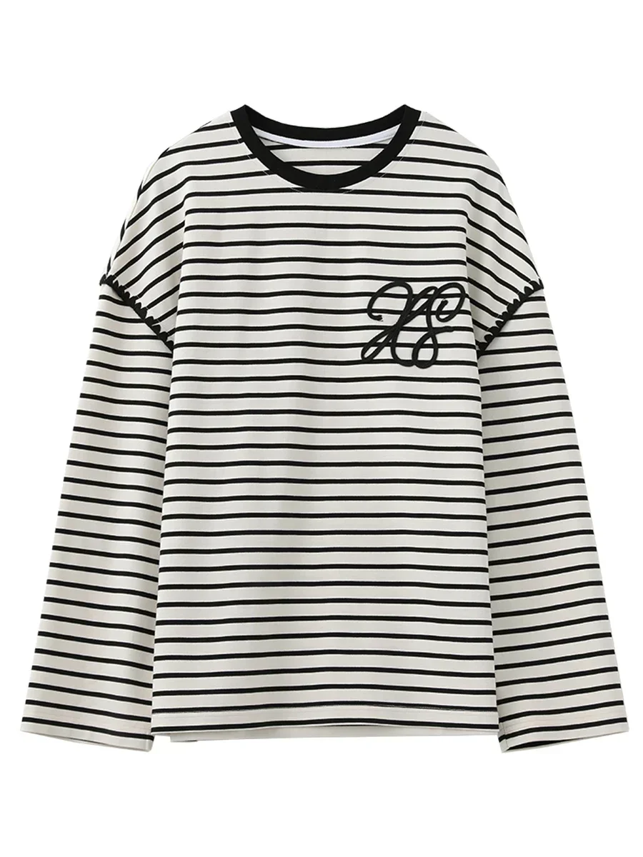 CHIC VEN Women T-Shirts New Loose O Neck Contrasting Striped Long Sleeved Tees Casual Embroidered Female Top Spring Autumn 2024