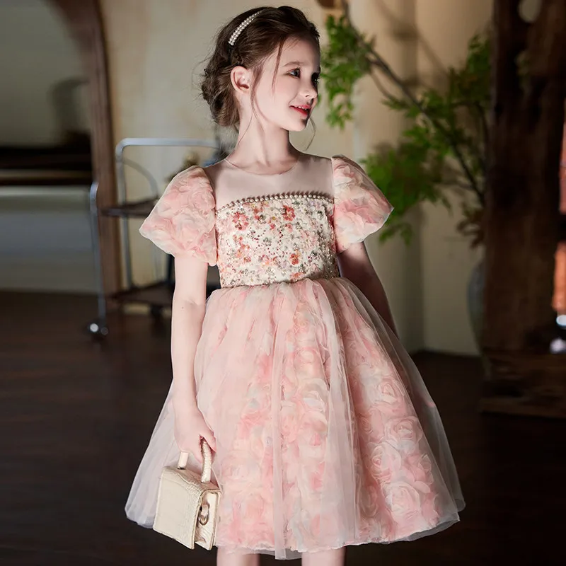 Girls Summer Print Pearl Dress 2026 New Luxury Fashion Princess Gown Kids Pink Floral Dresses Teen Girl Birthday Party Clothing