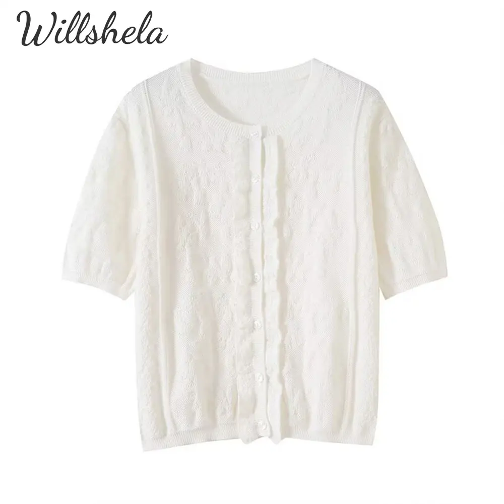 Willshela Camicia da donna lavorata a maglia bianca alla moda girocollo maniche corte Camicetta Mujer casual da donna chic femminile