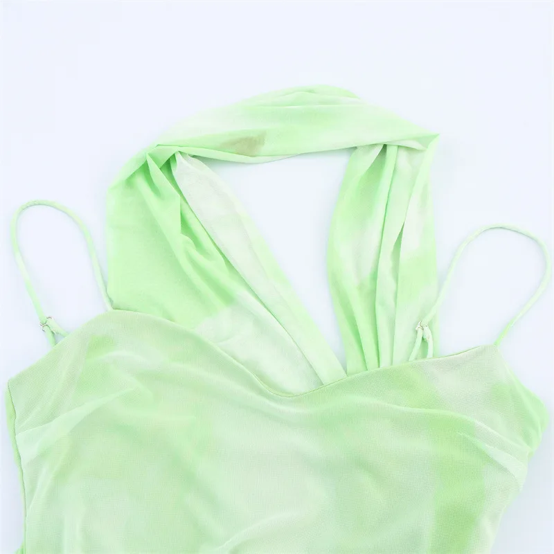 DSMTRC Female Sexy Backless Slim Sling Long Dresses Mujer Fashion Light Green Women Summer Romantic Scarf Decorated Tulle Dress
