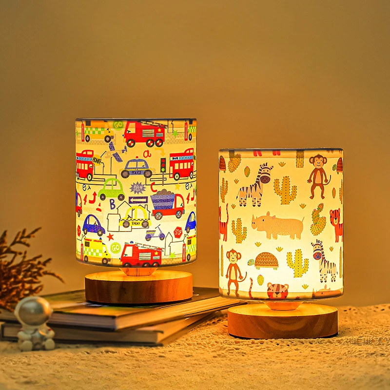 

Nice Bedside Lamp Cartoon Rechargeable Night Lights Children's Room Table Lamps Solid Wood Fabric Lighting Decoration
