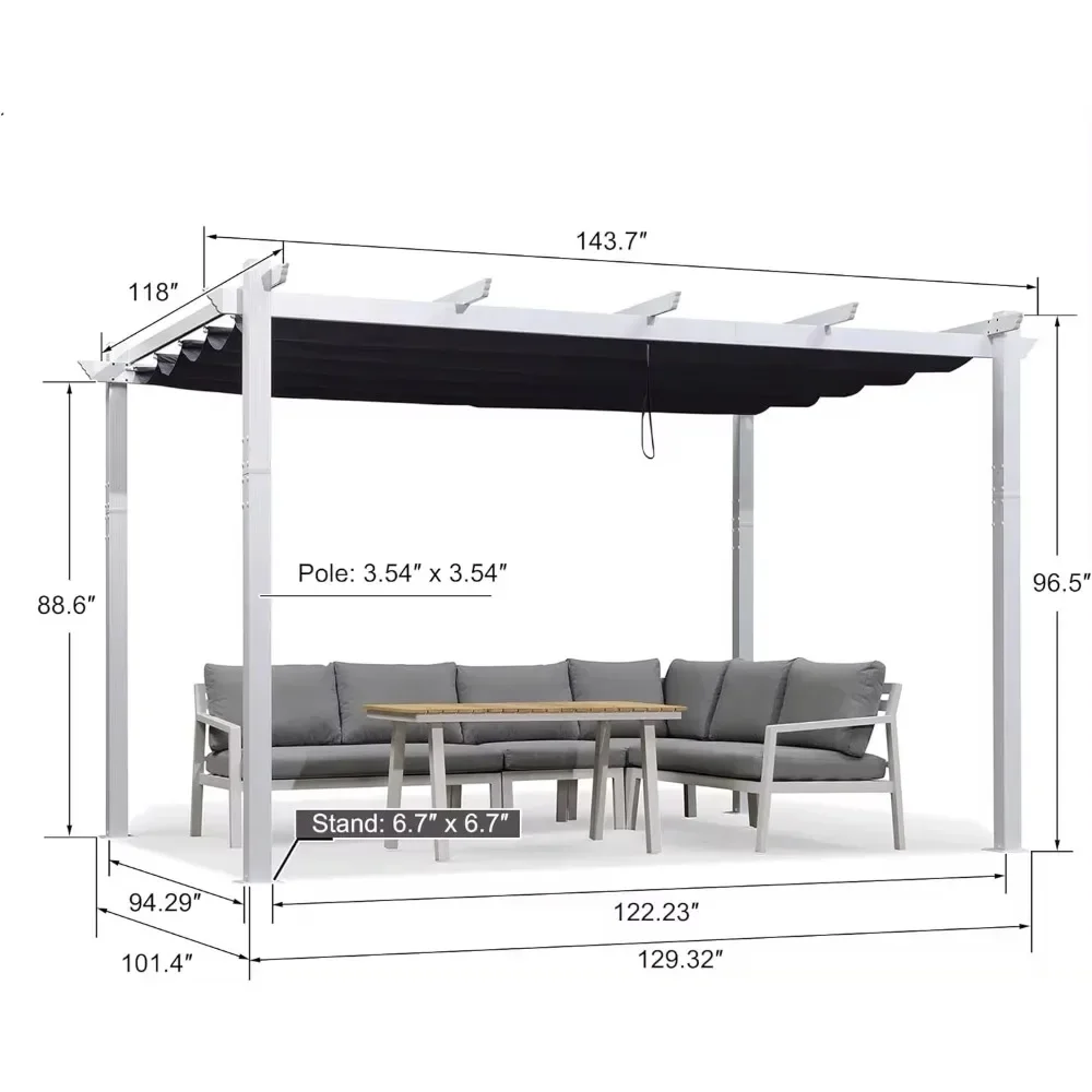 Pérgola de 10 x 12 pies, pérgola retráctil para exteriores con cubierta de toldo parasol, refugio metálico para patio blanco, pérgola de enrejado de uva