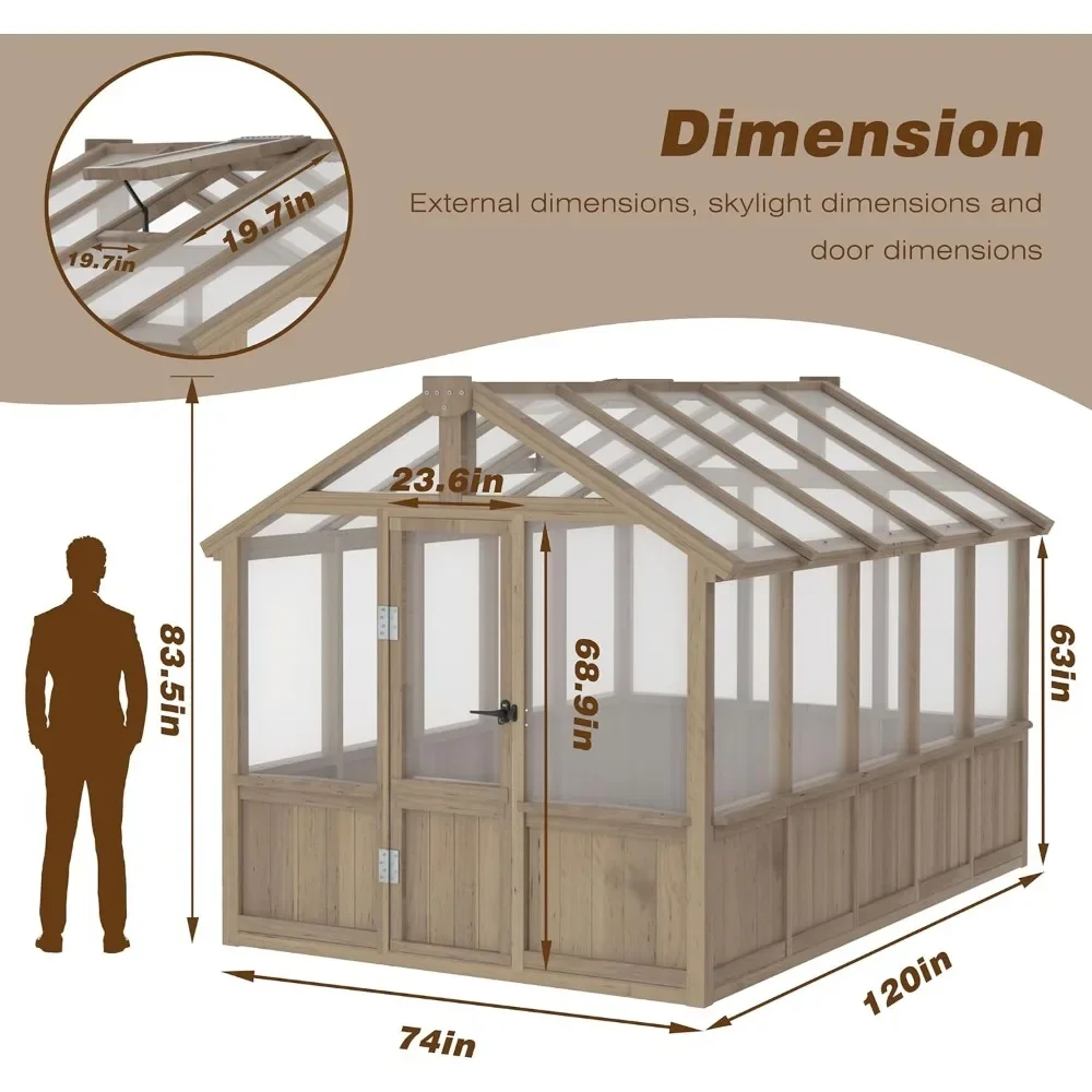 6x10FT Wood Greenhouse with Lockable Door, Cedar Frame, Adjustable Vent, 4-Layer Polycarbonate Panel, Outdoor Greenhouse