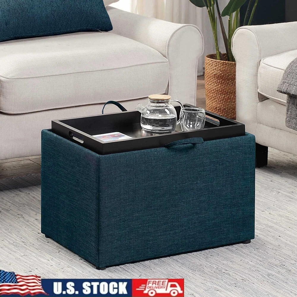 

Accent Storage Ottoman with Reversible Tray Multifunctional Coffee Table Cozy Foam Cushion Durable Wood Frame Modern Indoor