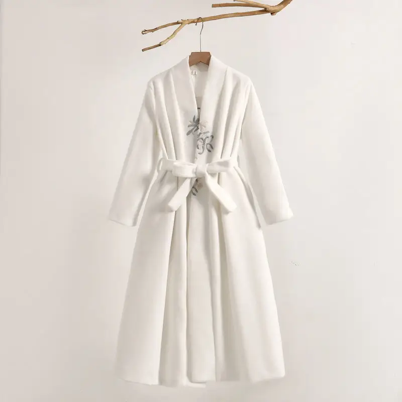 

Осенне-зимнее хлопковое пальто миди для женщин с поясом, завышенной талией, для повседневной носки, удлиненное, с V-образным вырезом, цельное