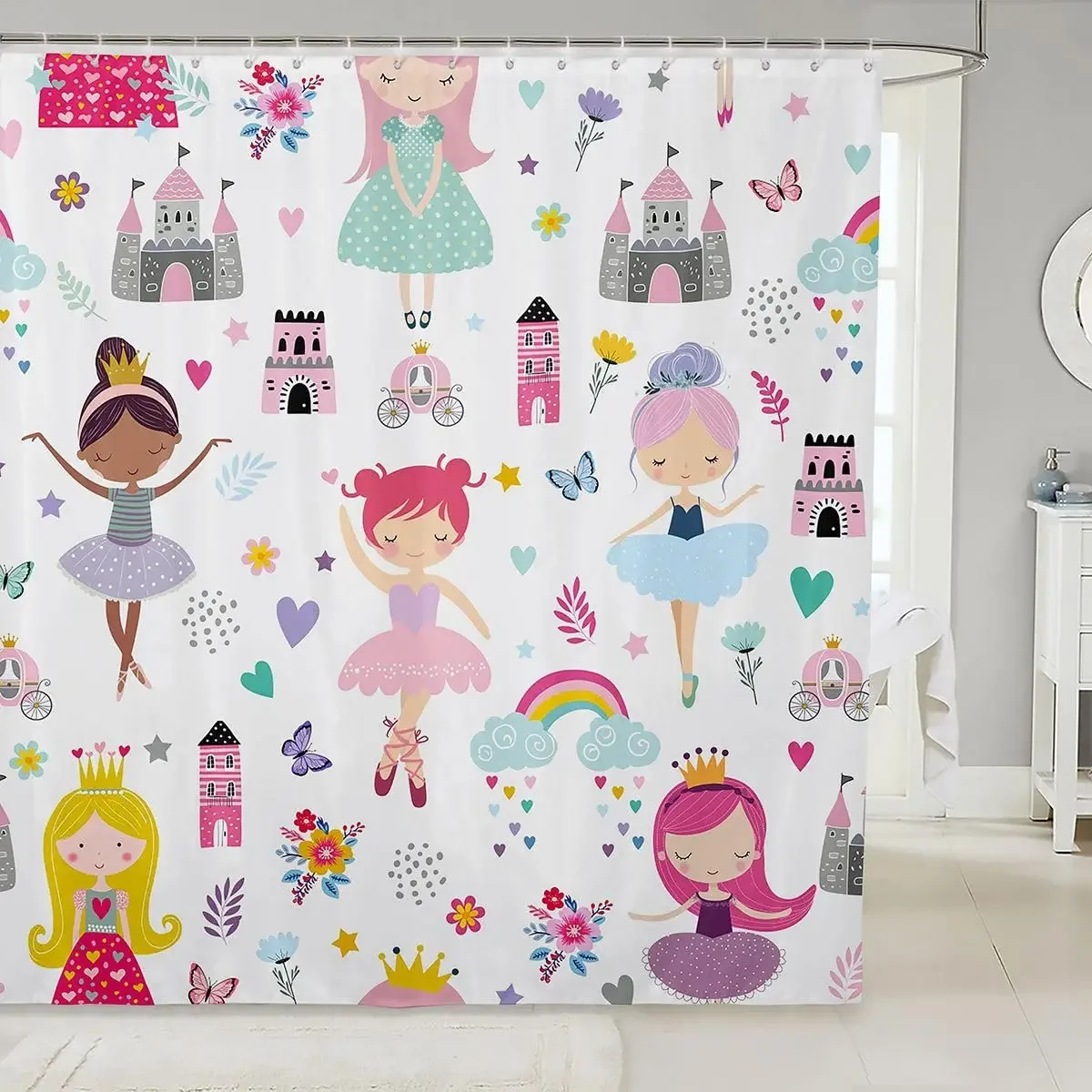 Kids Ballet Shower Curtain Cartoon Bathroom Curtain with Hooks Funny Ballerina Dancer Bath Curtain for Boys Girls