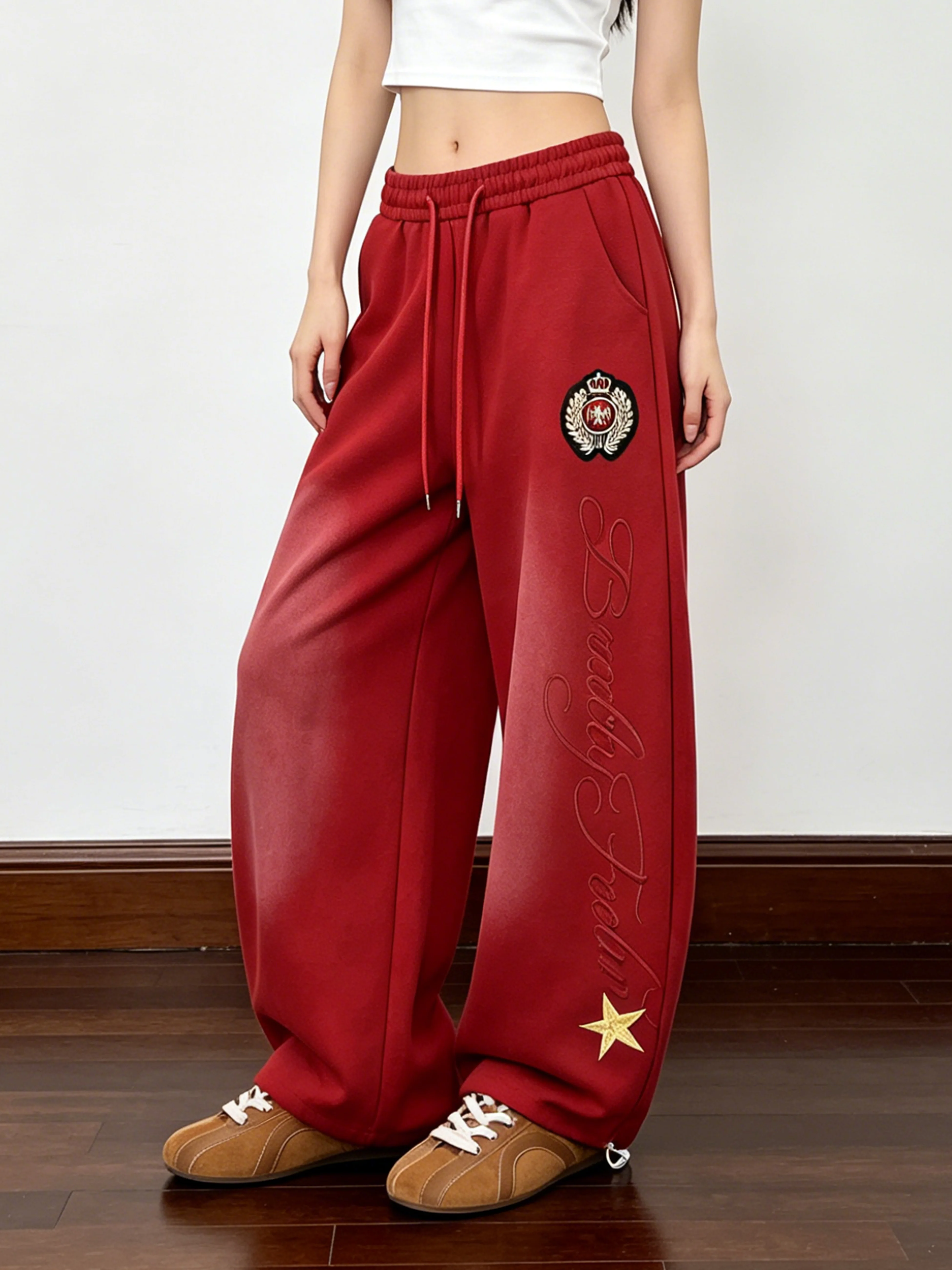 Casual American Wide Leg Gradient Sweatpants Women's Embroidery Badge Patch Drawstring Couple Long Pants Street Style Loose Fit