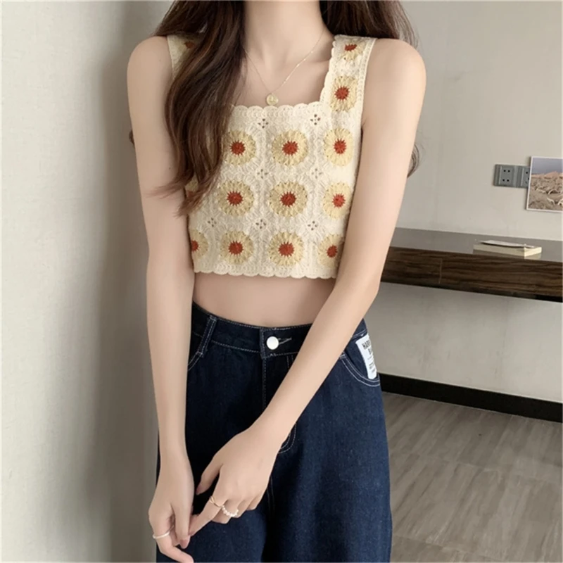 Women Seaside Camisole Hollow Crochet Sleeveless Crop Top Spring Sling Vest