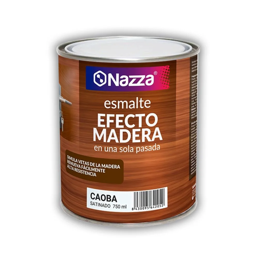 Pintura Efecto Madera NAZZA para superficies metálicas, minerales o de madera - Simula las vetas naturales en una sola pasada - Disponible en Nogal, Cerezo y Caoba - Formato 750ml