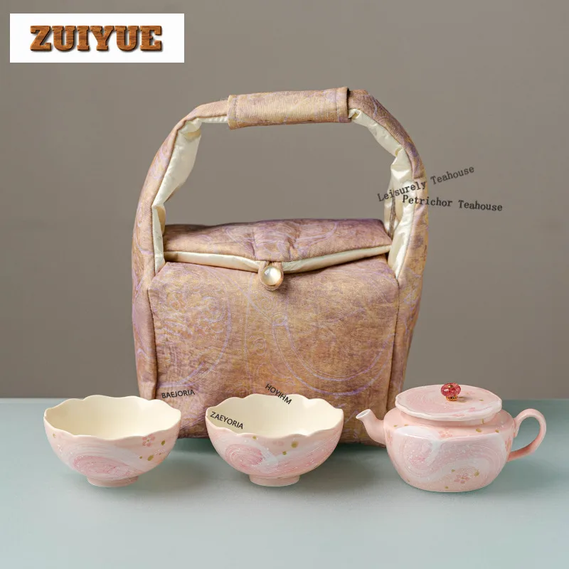 HOYIHM Hand-painted Pink Mist Starry Sky Travel Tea Set Kit Ancient 1 Pot 2 Cups Tea Making Organizer Portable Camping Handbag