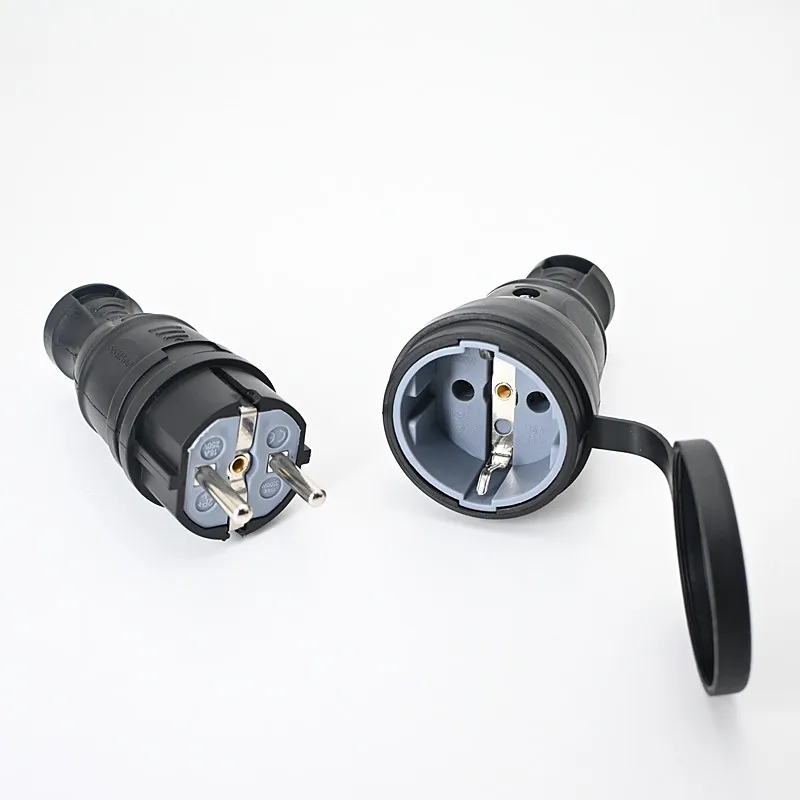 EU Rubber Waterproof Socket Plug Electrial Grounded European Connector With Cover IP54 For DIY Power Cable Cord 16A 250V