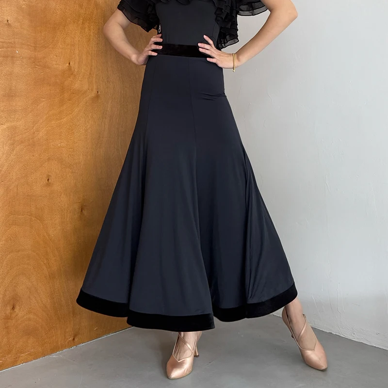 

2026 Ballroom Dance Skirt Black Velvet Hem Women National Standard Dance Clothes Waltz Dance Practice Clothing Long Skirt L18308