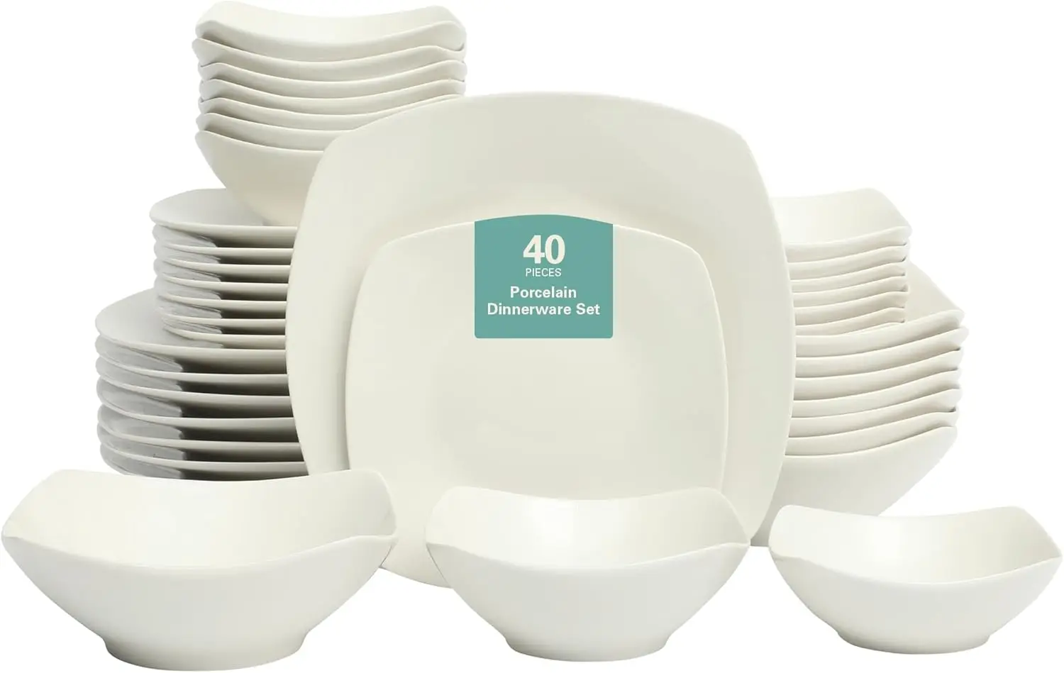

Brentwood 40-Piece Dinnerware Set – Square White Porcelain Plates and Bowls, Service for 8, Dishwasher & Microwave Safe, Modern