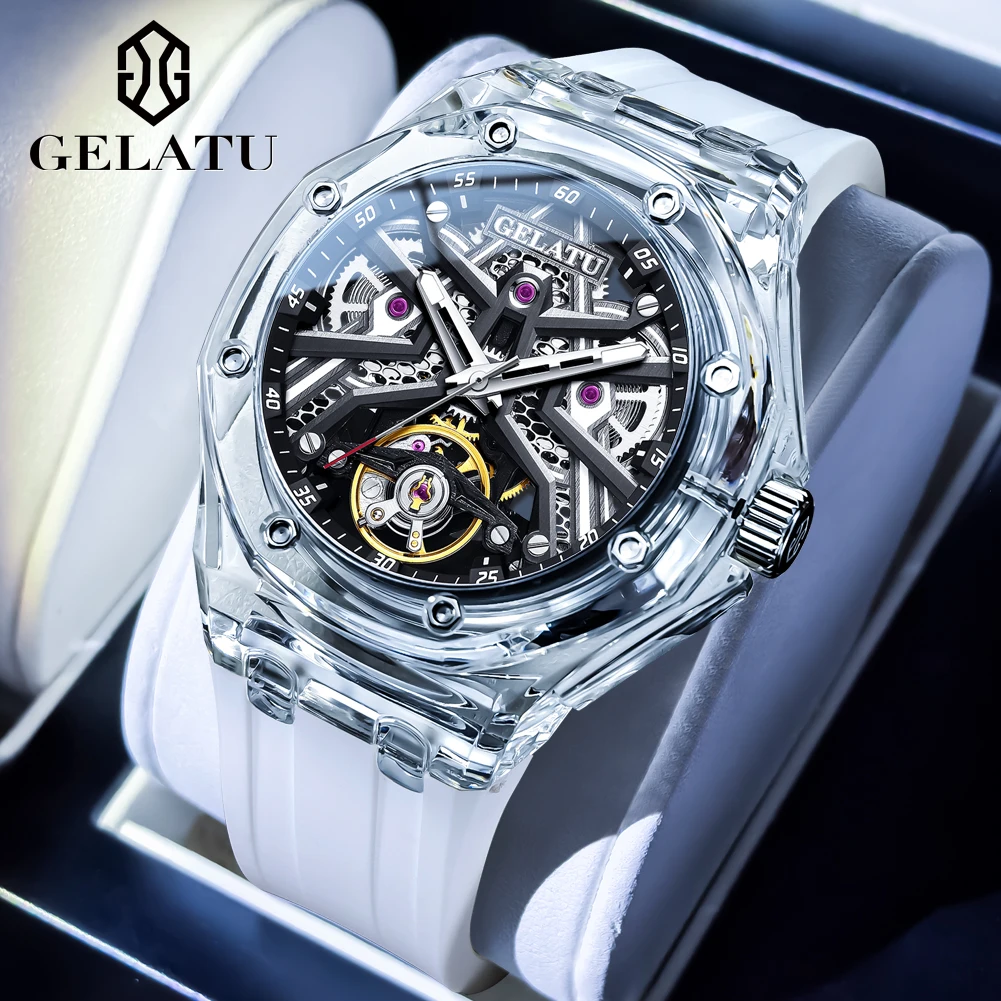 GELATU 8002 Hohl Herren Automatische Mechanische Uhr Top Luxus Transparente Lünette Silikon Wasserdichte Uhr Neue Männer Sport Uhr
