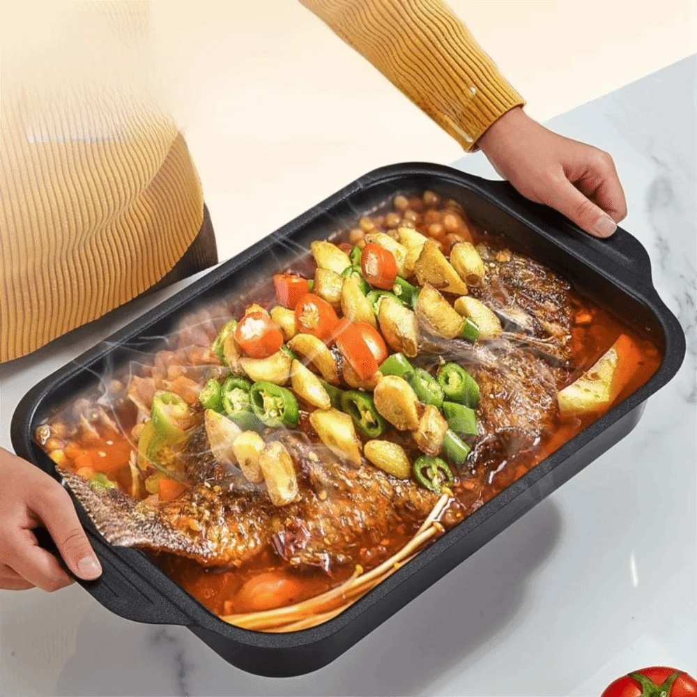 Carbon Steel Grilled Fish Tray Large Capacity Non-Stick Grilling Pan Rectangular Double Ear BBQ Serving Tray Induction Cook-top