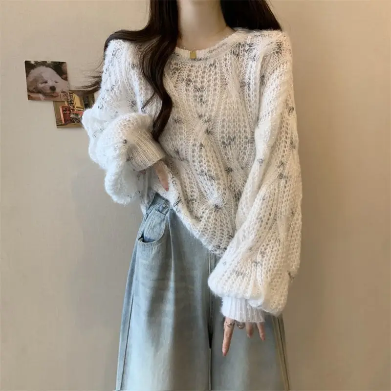 

Sweet Soft Knitted Sweater for Women Lazy Wind Loose Hollow Out Thin Jumpers Spring Autumn Long Sleeve Knitwear